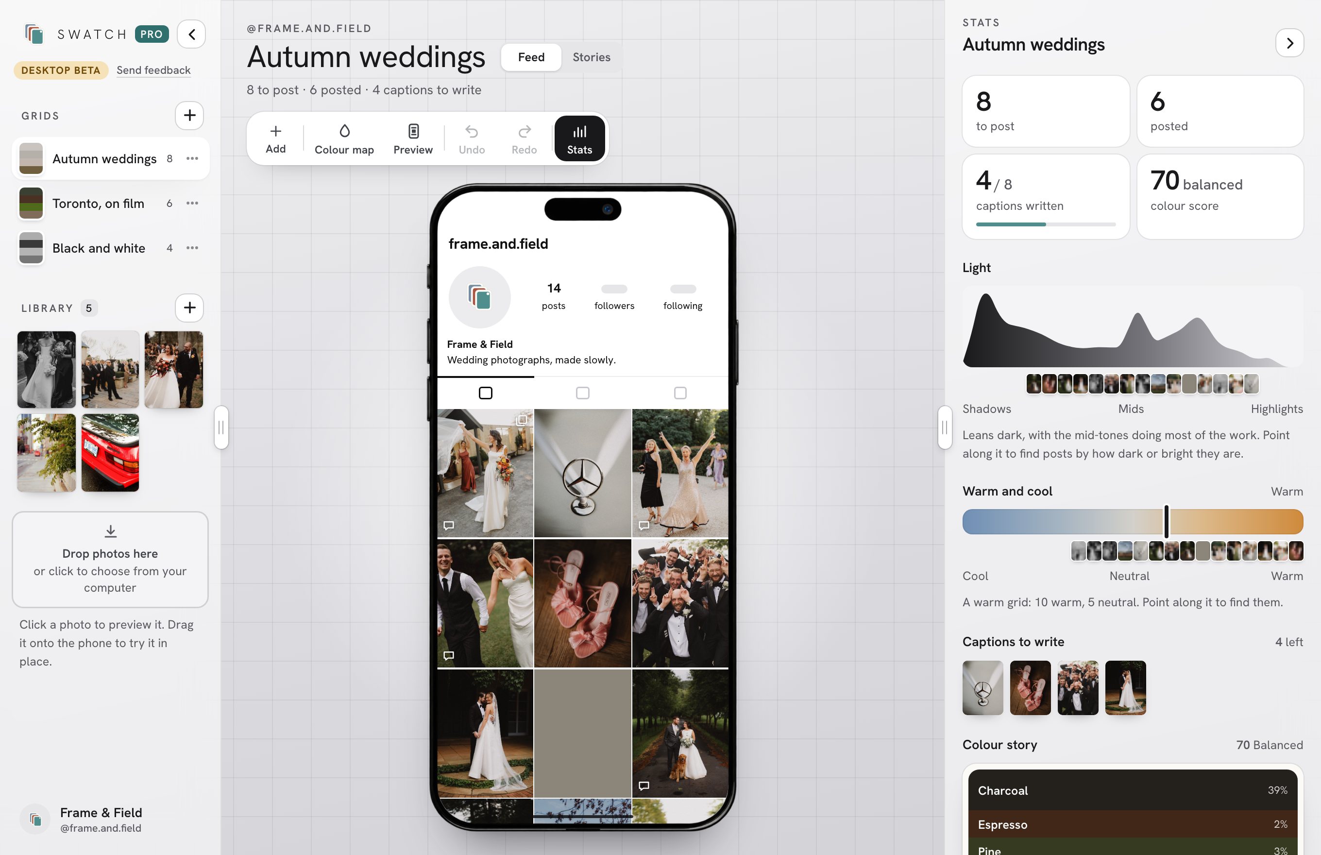 The Swatch dashboard in a browser: grids and photo library on the left, an iPhone showing the feed in the middle and colour stats on the right
